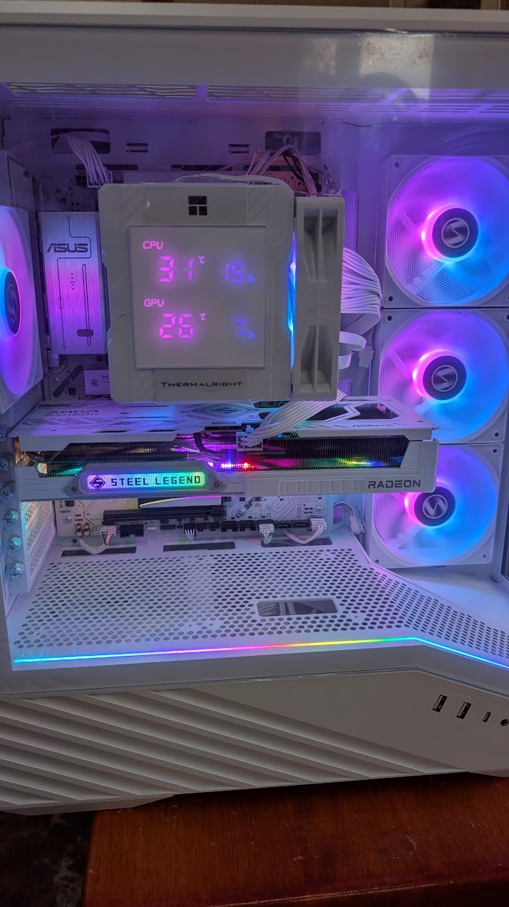 Custom white PC build with RGB fans and ThermalRight display — built by Candid Computers